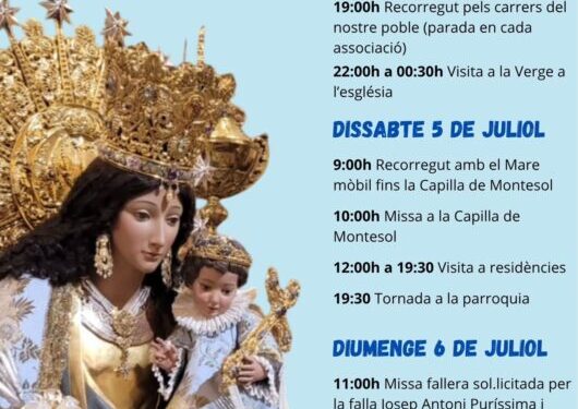 La imagen peregrina de la Virgen de los Desamparados visita este fin de semana la Eliana (Valencia) con motivo del 30 aniversario de la Cofradía del Carmen